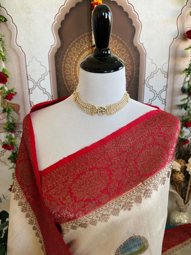 Lightweight Tussar Silk Saree | Antique Zari | Beige | Hand Brushed | Handwoven | Ships from California